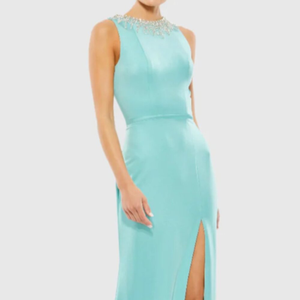 MAC DUGGAL 26516 SLEEVELESS RHINESTONE COLLAR COLUMN AQUA GOWN 6